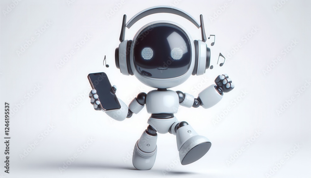 Energetic robot dancing with smartphone studio environment digital art fun vibe Energetic robot dancing with smartphone studio environment digital art fun vibe