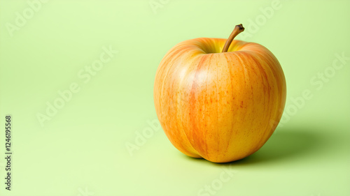 Fresh ripe apple on light green background, space for text. Generative AI photo