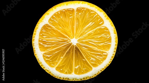 Juicy lemon slice, vibrant yellow, black background, food photography