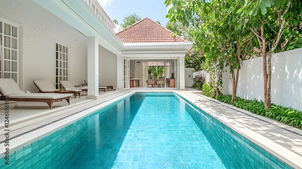 Fototapeta premium White house, tropical pool, patio, sunny day, relaxation; ideal for travel or residential inspiration