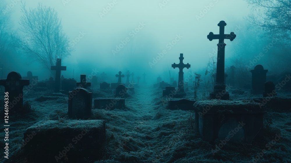 graveyard with many graves and crosses in the fog halloween background graveyard with many graves and crosses in the fog halloween background