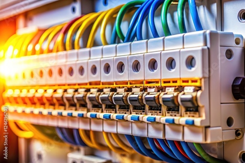 Intricate detail of a UK consumer unit MCB,  a culinary-style close-up.  Expertly captured electrical components. photo