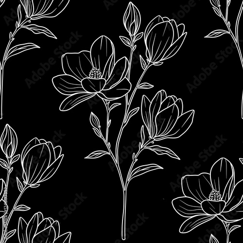 Seamless Pattern Magnolia Flower Outline Branch Big Design on Black Background