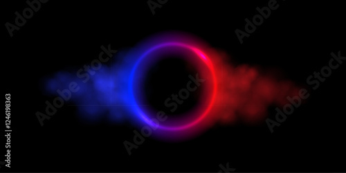 Neon light ring in smoke cloud on black background. Laser red blue circle in fog. Glow led circular frame. Magic portal on dark backdrop. Fantasy abstract vector illustration.