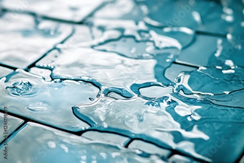 Water flows through cracked tiles creating a reflective surface on the floor. Generative AI
