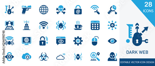 Dark web solid icon set. containing  encrypted,  computer,  data, network, security, website, internet and more vector design 