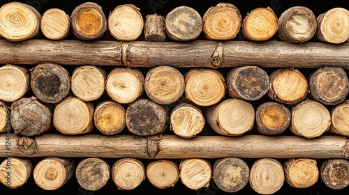 Stacked Wooden Logs Wall Lumber Texture Material Pile Pattern Background Wood Grain Rings Sections. photo