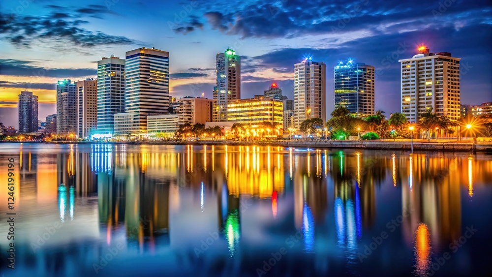 Fototapeta premium Luanda, Angola cityscape: buildings illuminated at dusk. Architectural photography.