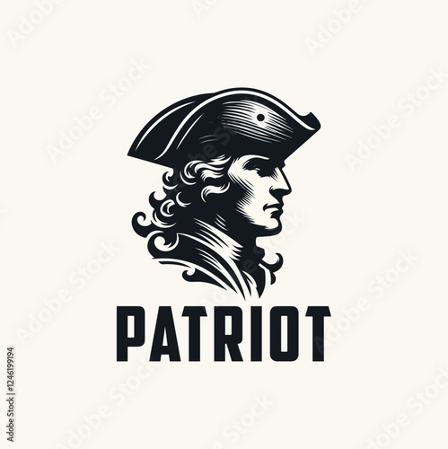 Classic Continental American Patriot Face Silhouette. Vintage United States Revolution War Army Soldier with Tricorn Hat Illustration Logo Design