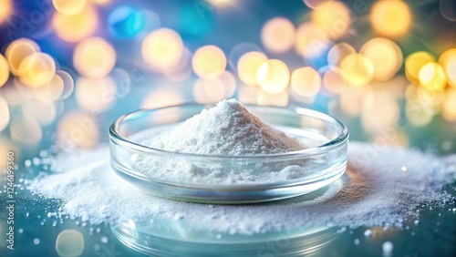 Magnesium glycinate powder in a bokeh-blurred Petri dish, high-resolution image. photo