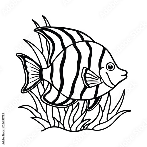 Black and white illustration of a striped angelfish in aquatic plants. coloring page for kids. KDP