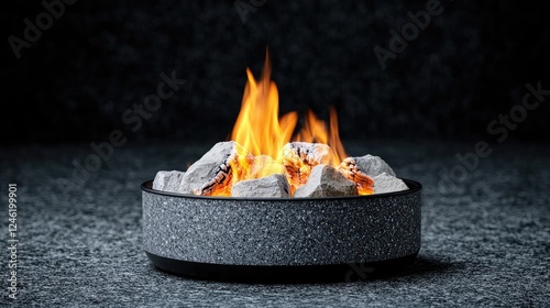 Modern fire pit, burning wood, dark background, outdoor setting, cozy ambiance