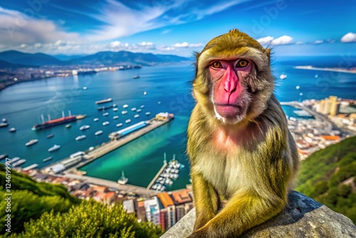 Minimalist AI art of a macaque, Gibraltar port backdrop.