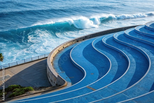 Modern, curved aerial shots, blue backdrop.