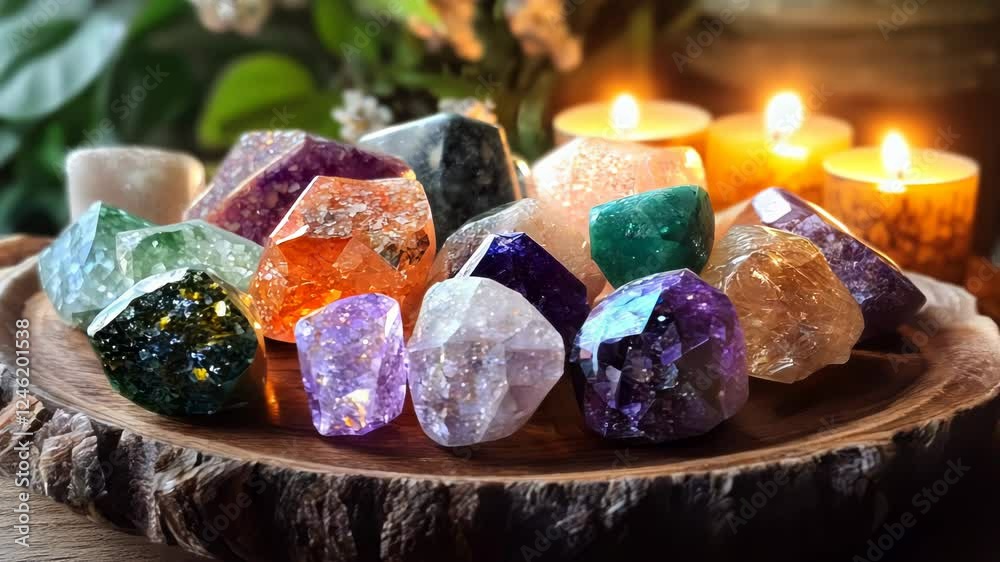 Crystals in a gemstone esoteric witchcraft shop. Many various vibrant beautiful healing semi-precious rough stones on a wooden plate with burning candles. Modern age spirituality, meditation concept.