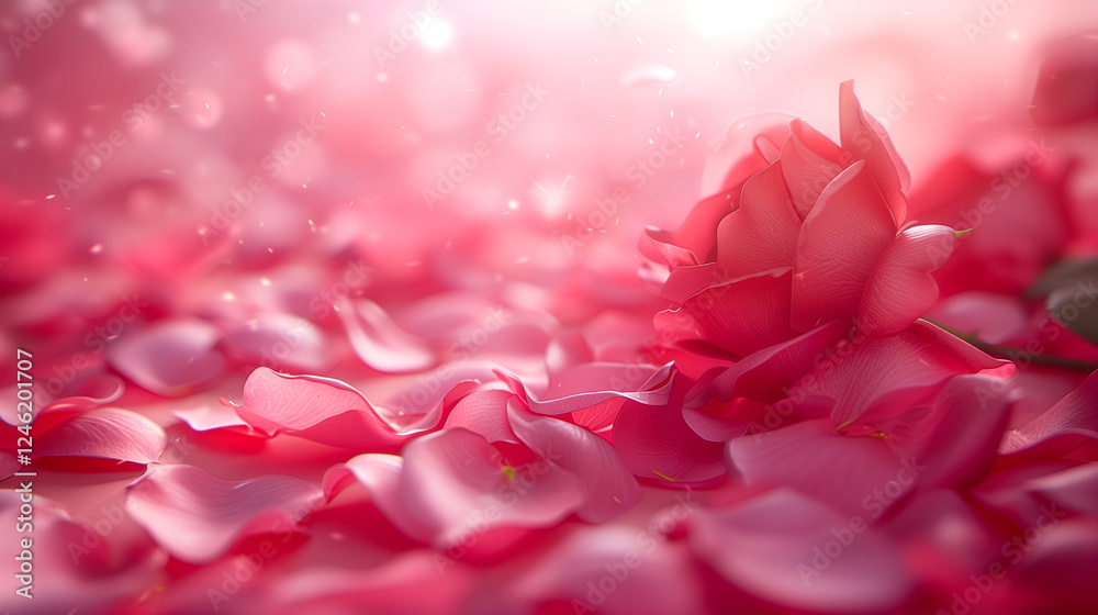 Fototapeta premium Beautiful pink rose surrounded by delicate rose petals in soft light.