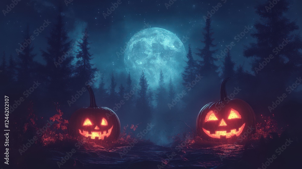 halloween background with pumpkins in the forest at night halloween holiday concept halloween background with pumpkins in the forest at night halloween holiday concept