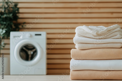Stack of clean clothes washed with bio laundry detergent eco friendly washing machine