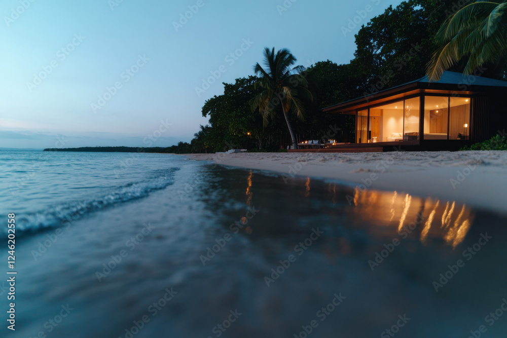 Fototapeta premium Tropical beach house reflecting on the ocean at dusk