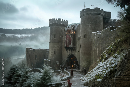 Snow-capped medieval castle perched on a cliff, surrounded by misty forest and mountains. People in period attire entering castle gates, adding life to historic scene photo