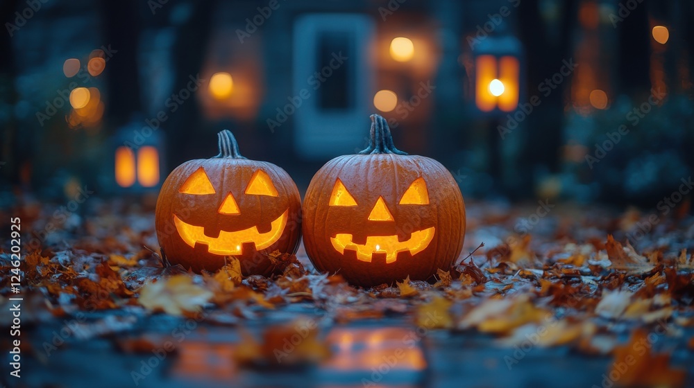 Fototapeta premium halloween background with pumpkins lanterns and leaves on old wooden table