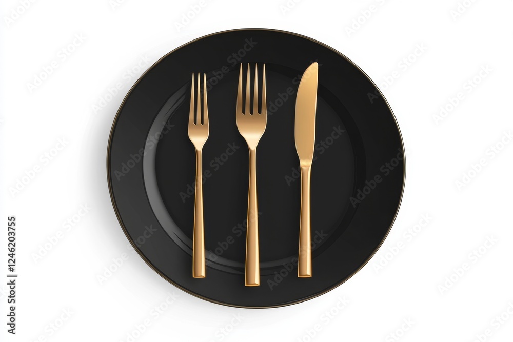 Gold cutlery on black plate, overhead view, white background, menu design Gold cutlery on black plate, overhead view, white background, menu design