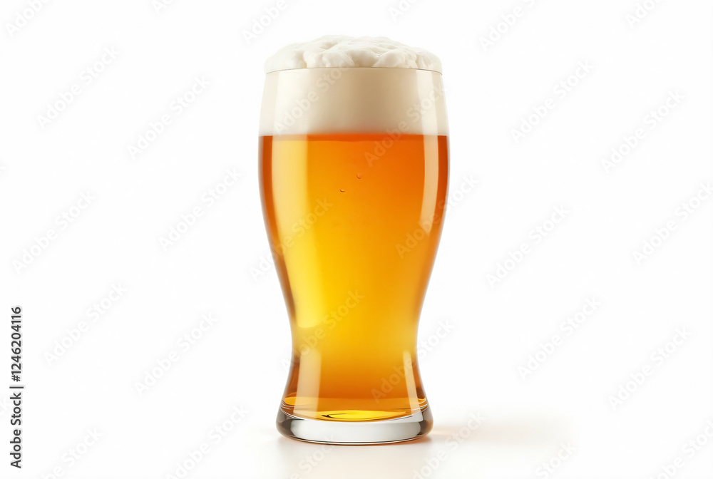 Bright golden beer served in a frothy top glass. Bright golden beer served in a frothy top glass.