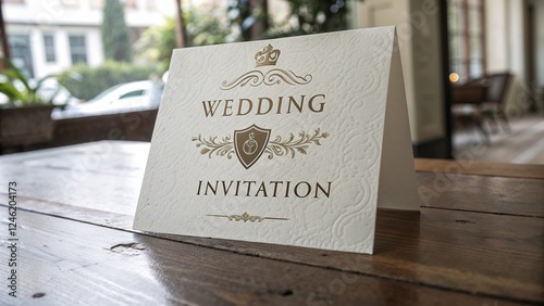 Formal sophisticated wedding invitation with classic typography and embossed detailing on wooden table