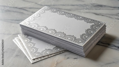 A stack of sophisticated silver foil wedding invitations with intricate lace-inspired borders on marble
