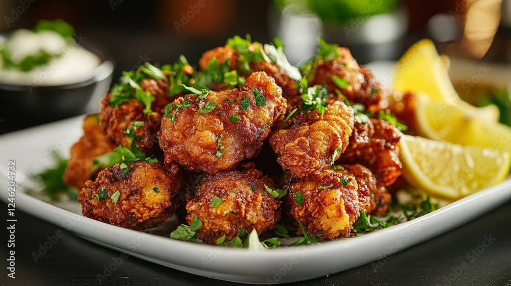 A platter of crispy, spicy fried chicken garnished with herbs and served with lemon wedges. A platter of crispy, spicy fried chicken garnished with herbs and served with lemon wedges.