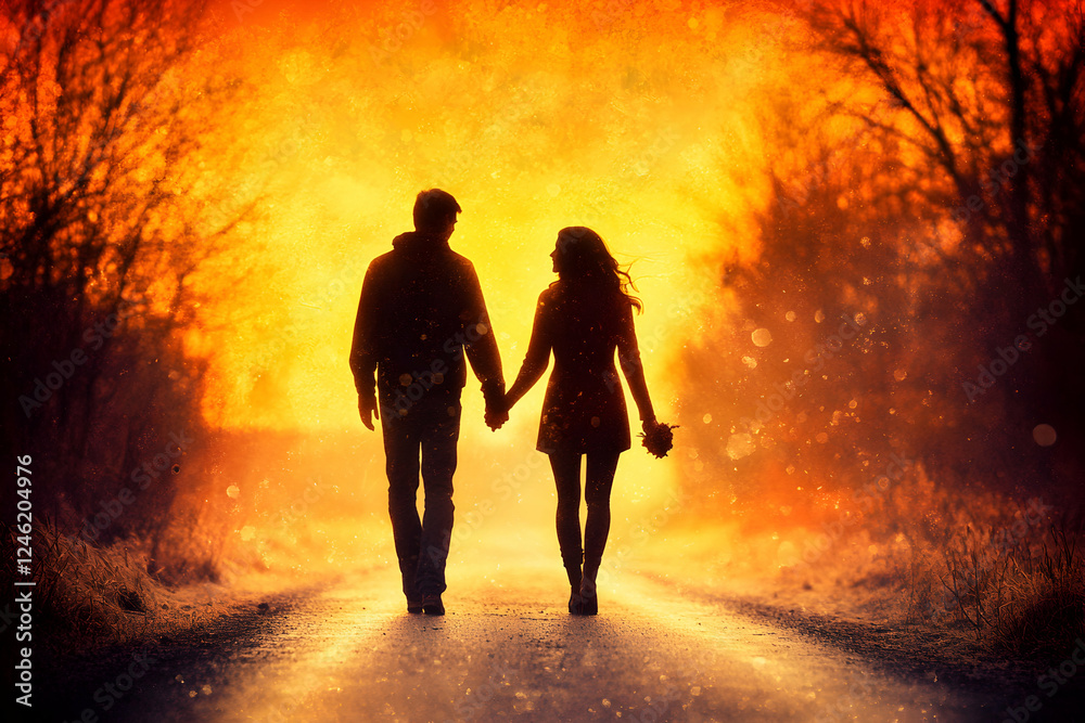 Silhouetted couple holding hands, walking down a path at sunset.  Romantic, loving, and hopeful image.