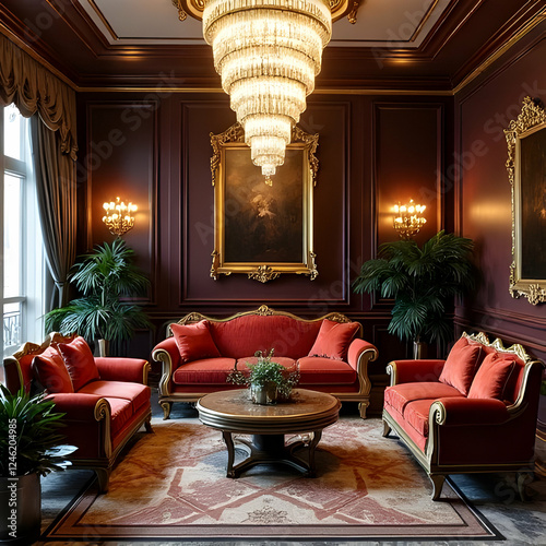 Elegant Living Room with Red Furniture and Luxurious Chandelier Lighting Accessories Design Interior Style Featuring Cozy Setting and Furnishings Displaying Ornate Patterns and photo