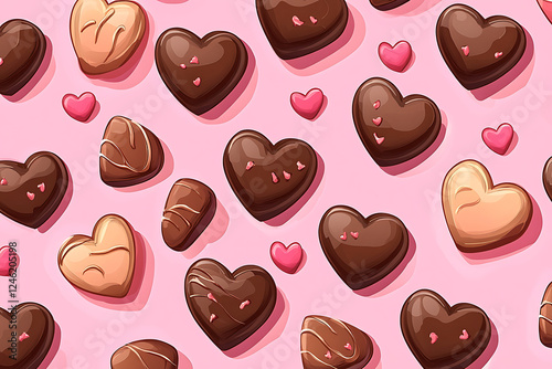 A playful pattern of heart-shaped chocolates on a pink background, perfect for Valentine's Day.