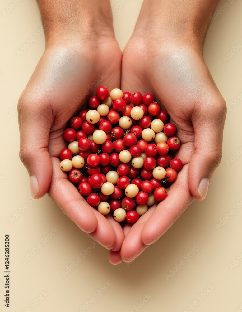 Offering: Hands Cradle a Heap of Vibrant Red and White Australian Berries Offering: Hands Cradle a Heap of Vibrant Red and White Australian Berries