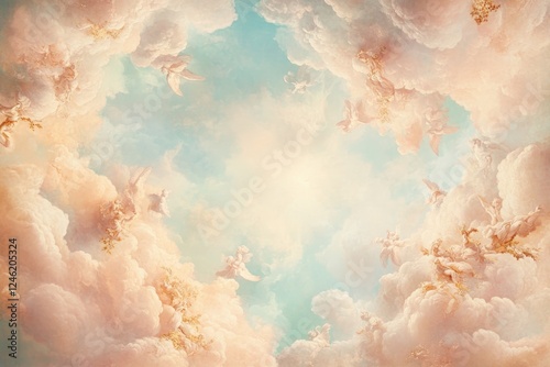 Grand Rococo Ceiling Fresco Adorned With Angels and Clouds in Soft Pastel Hues and Golden Details