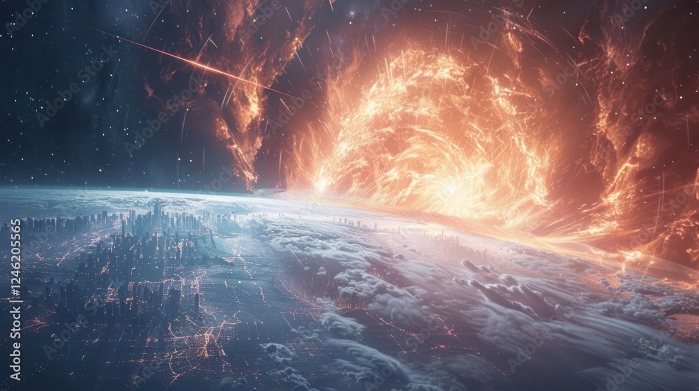 Fototapeta premium A breathtaking cosmic scene showcasing a fiery solar eruption above a futuristic cityscape