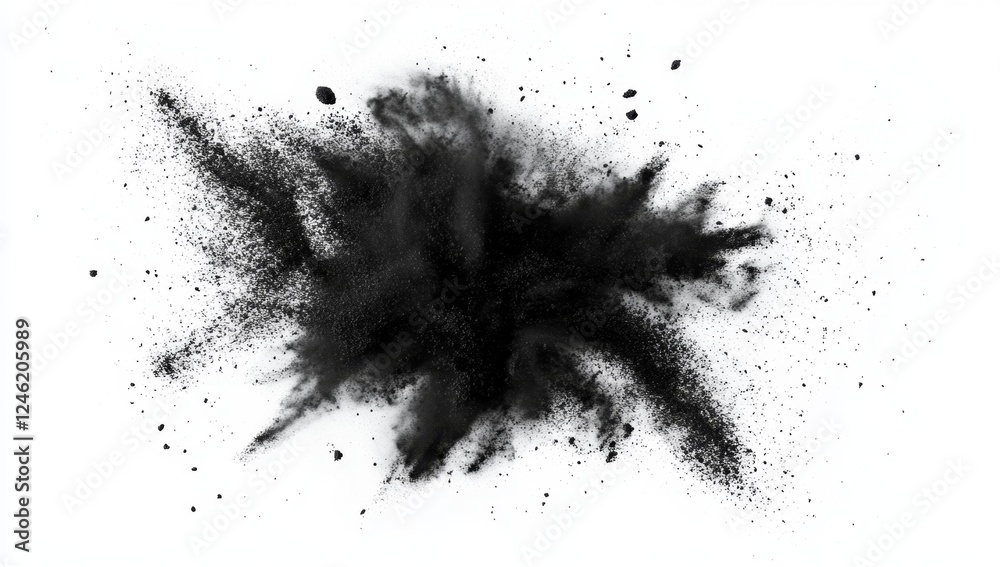 Black powder explosion on white background, design element Black powder explosion on white background, design element