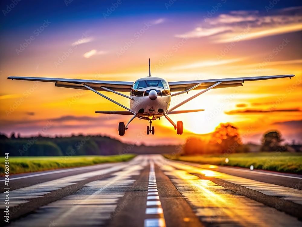 Small plane touch-down, airport runway; breathtaking aerial perspective. Small plane touch-down, airport runway; breathtaking aerial perspective.