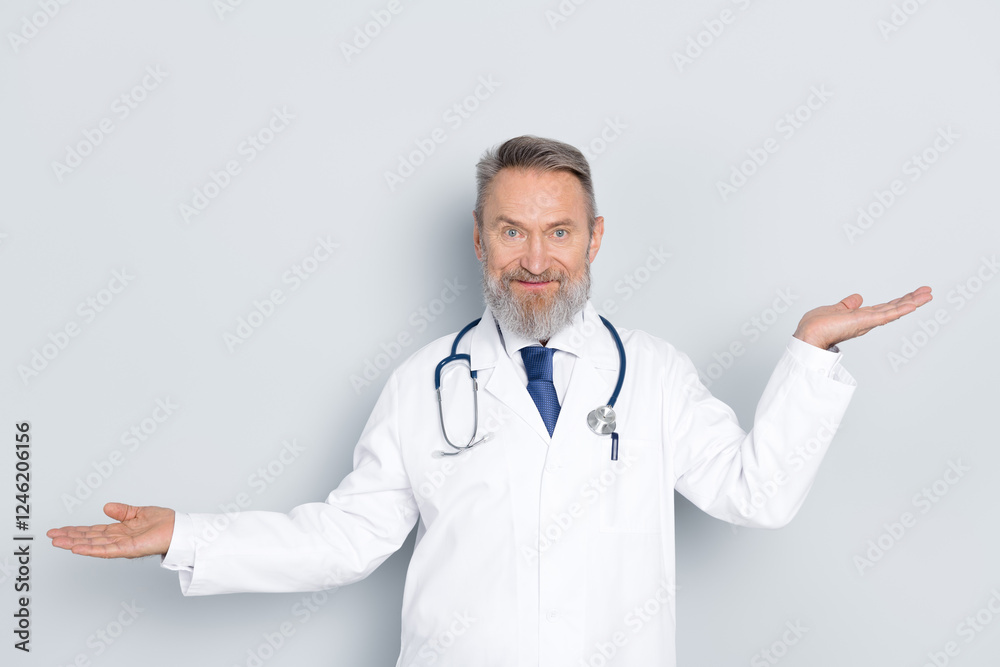 Smiling male doctor presenting gestures with outstretched arms in white uniform Smiling male doctor presenting gestures with outstretched arms in white uniform