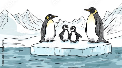 Penguins on Iceberg in Arctic Landscape, Family Scene photo