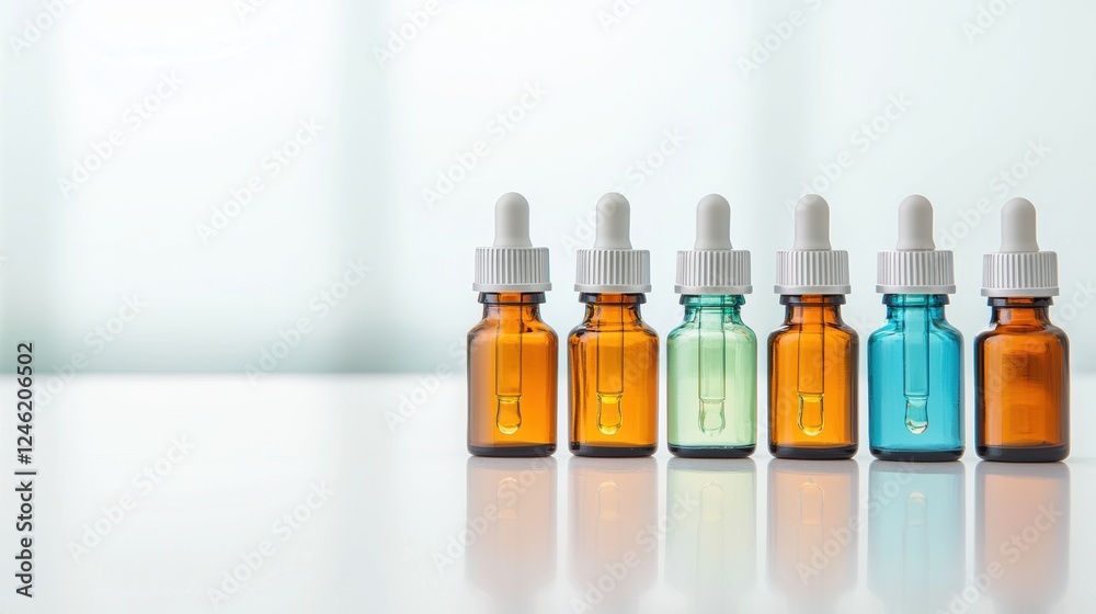 An assortment of small, labeled amber glass bottles with droppers, containing a variety of homeopathic remedies, arranged on a clean, white background with soft shadows. An assortment of small, labeled amber glass bottles with droppers, containing a variety of homeopathic remedies, arranged on a clean, white background with soft shadows.