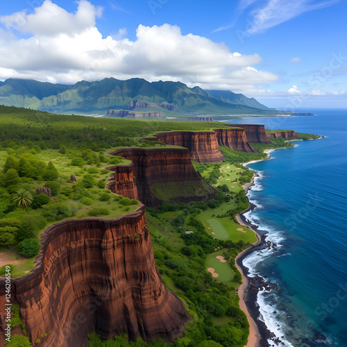 Low elevation aerial video of the southeast coast of Kauai with Lithified cliffs covered with ironwood pine trees, green golf courses and mountain range. Poipu, Koloa, Kauai photo