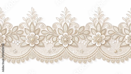 Elegant lace wedding border with intricate floral patterns and delicate embroidery in soft ivory tones