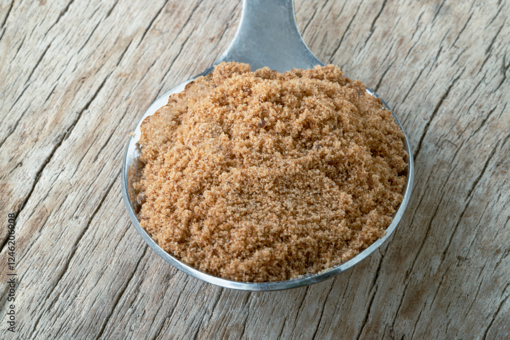 Powdered brown sugar or Brown granulated sugar in Silver spoon isolated on Old rustic wooden table. use it as your Space for text, Design, Wallpaper and Poster, Selective focus.