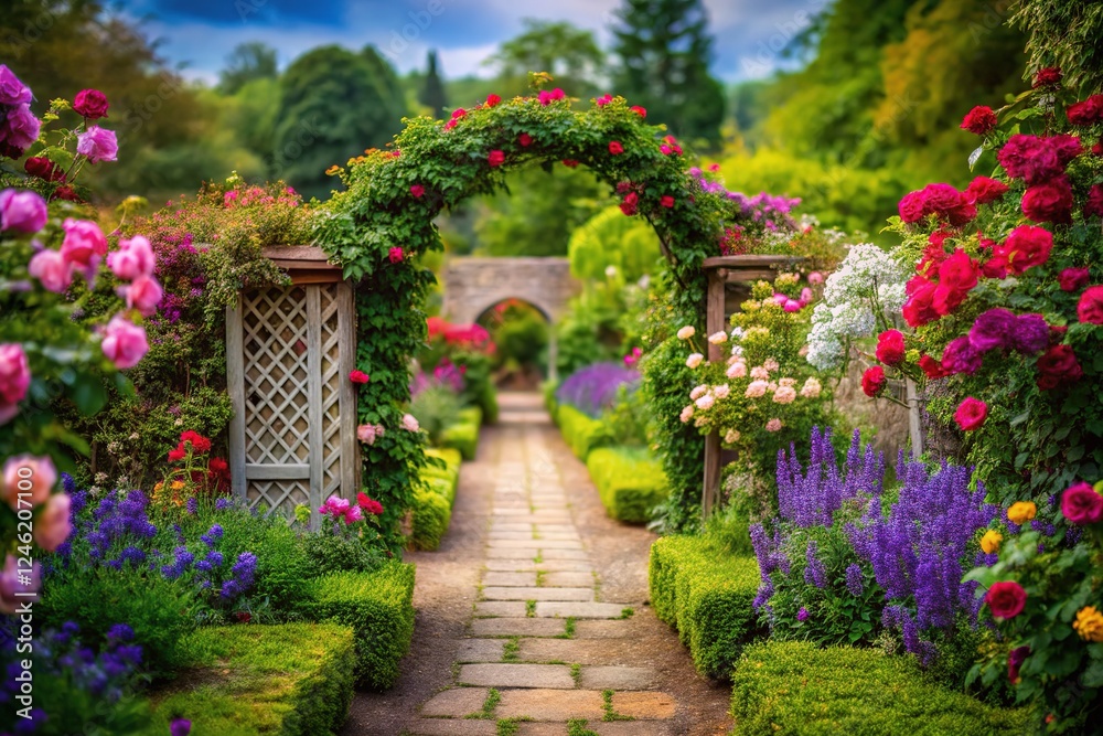 Stone path, hidden arbor, tilted English garden views. Stone path, hidden arbor, tilted English garden views.