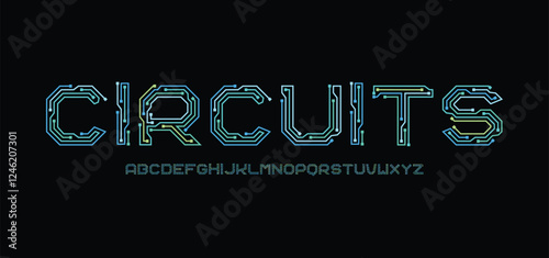 Tech circuit font, computer type, motherboard typeface, microcircuit english alphabet letters and numbers, vector typography set. Future technology circuit font with microchip neon lines pattern
