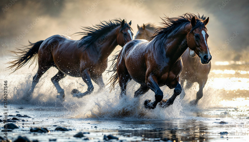 Wild horses gallop through a misty river, bathed in golden sunlight with dynamic splashes.