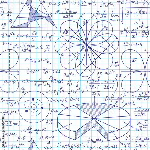 Math vector seamless pattern with handwritten mathematical and physics formulas, equations and figures on grid copybook sheet