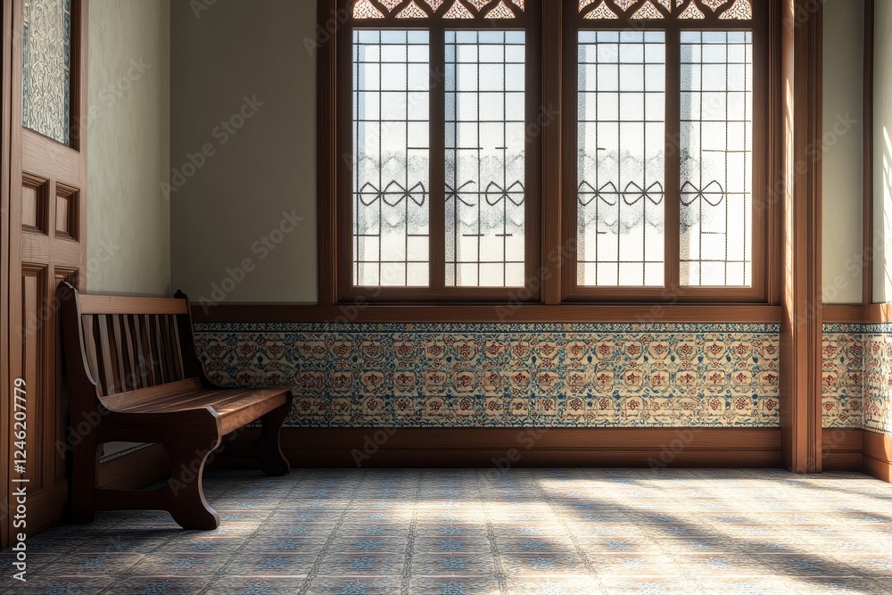 Sunlit Victorian hallway bench, tiled walls, waiting Sunlit Victorian hallway bench, tiled walls, waiting
