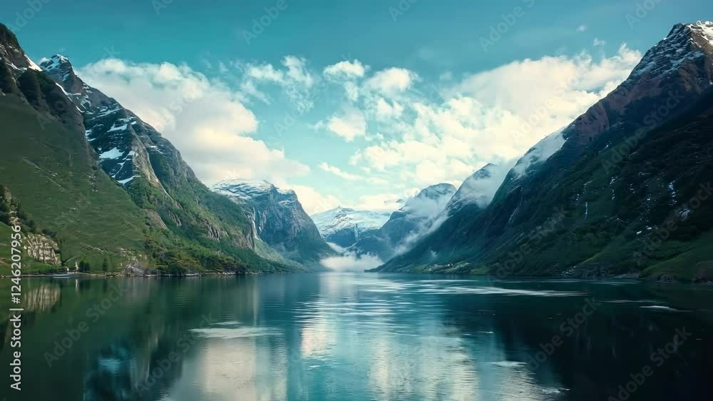 A cloudy mountain landscape with a lake in the foreground and snow-covered rocky mountains in the background. The Norwegian fjords. Zoom out.